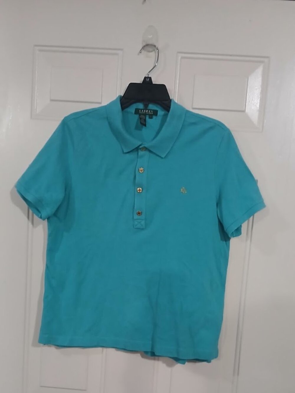 Lauren Ralph Lauren Womens Teal Green Polo Shirt Gold Logo Button Size L